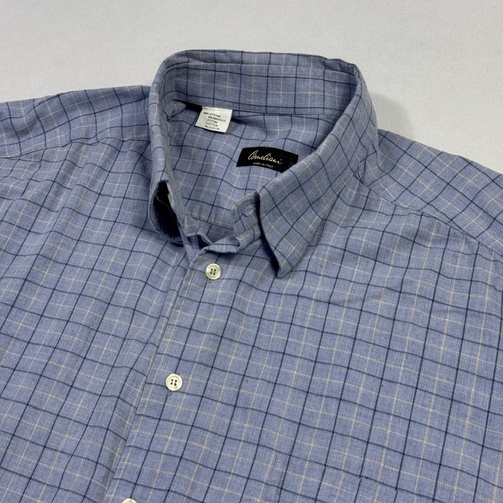 Corneliani Button-Down Dress Shirt Windowpane Check Made In Italy Blue Men's 2XL